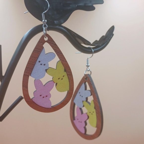 Easter Bunny Peeps Wood Cut-out Dangle Earrings. - Picture 1 of 4